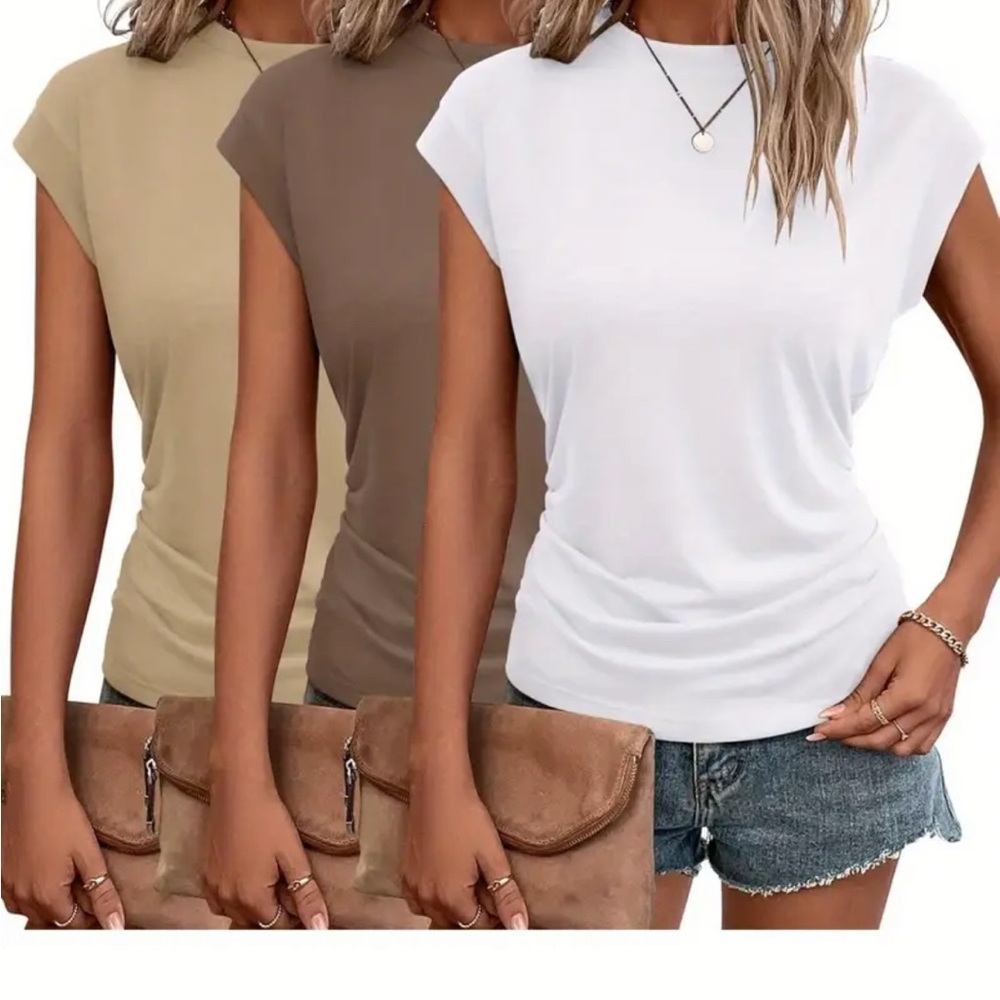 Women's Casual Short Sleeve Tops - White, Brown, Tan